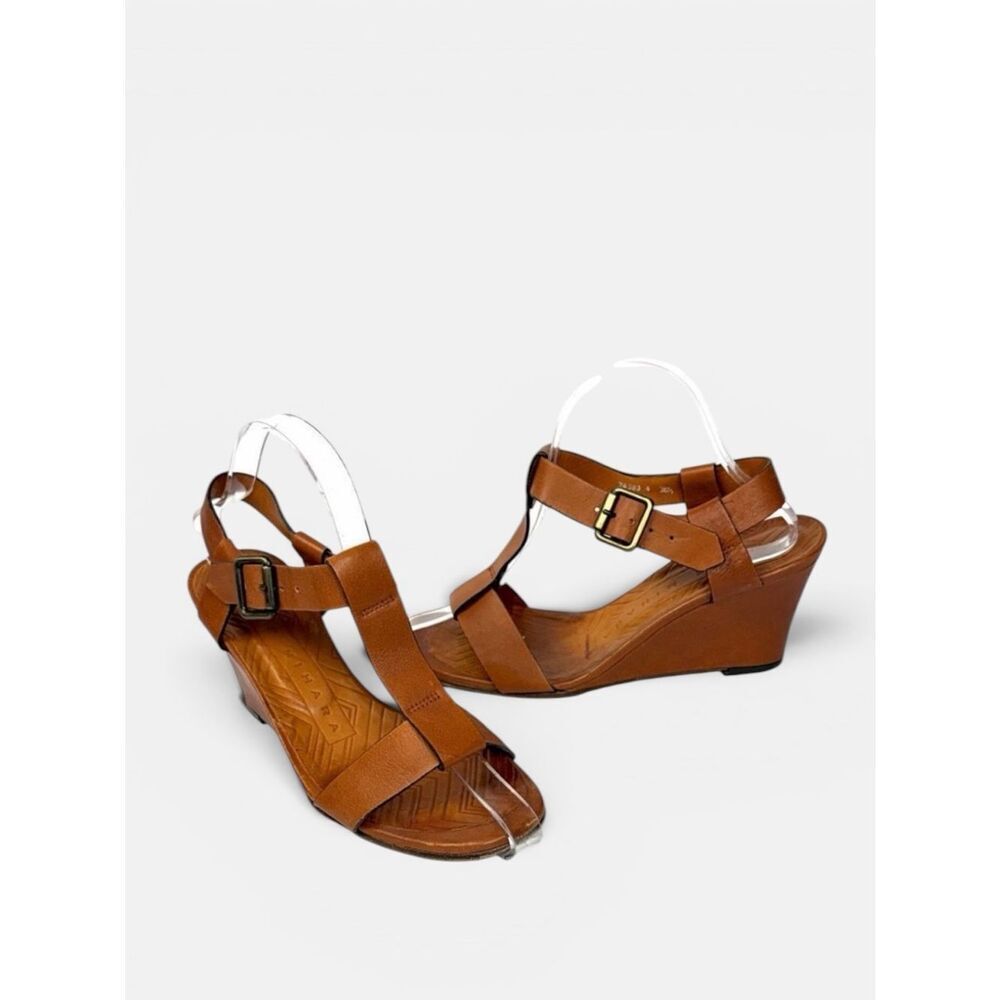 CHIE MIHARA Wedge High Heels Sandals  Cognac Leather T-strap size 36,5 US 6,5